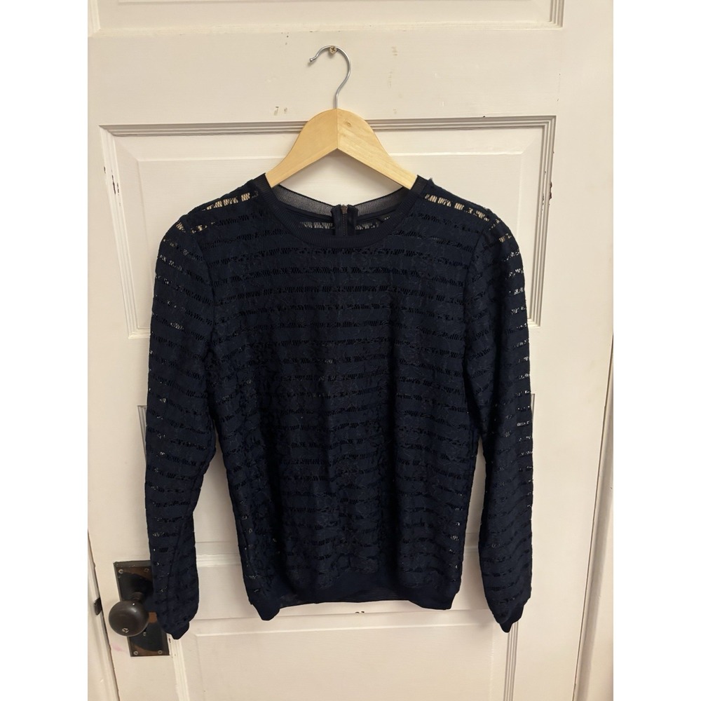Ann Taylor Women's Navy Blue Lace Striped Crew Neck Sheer‎ Sweater $89